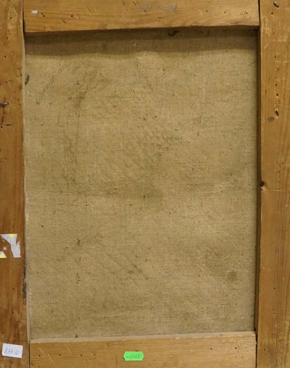 Back of wooden-framed oil painting Portrait of a grandmother with beige textured fabric backing
