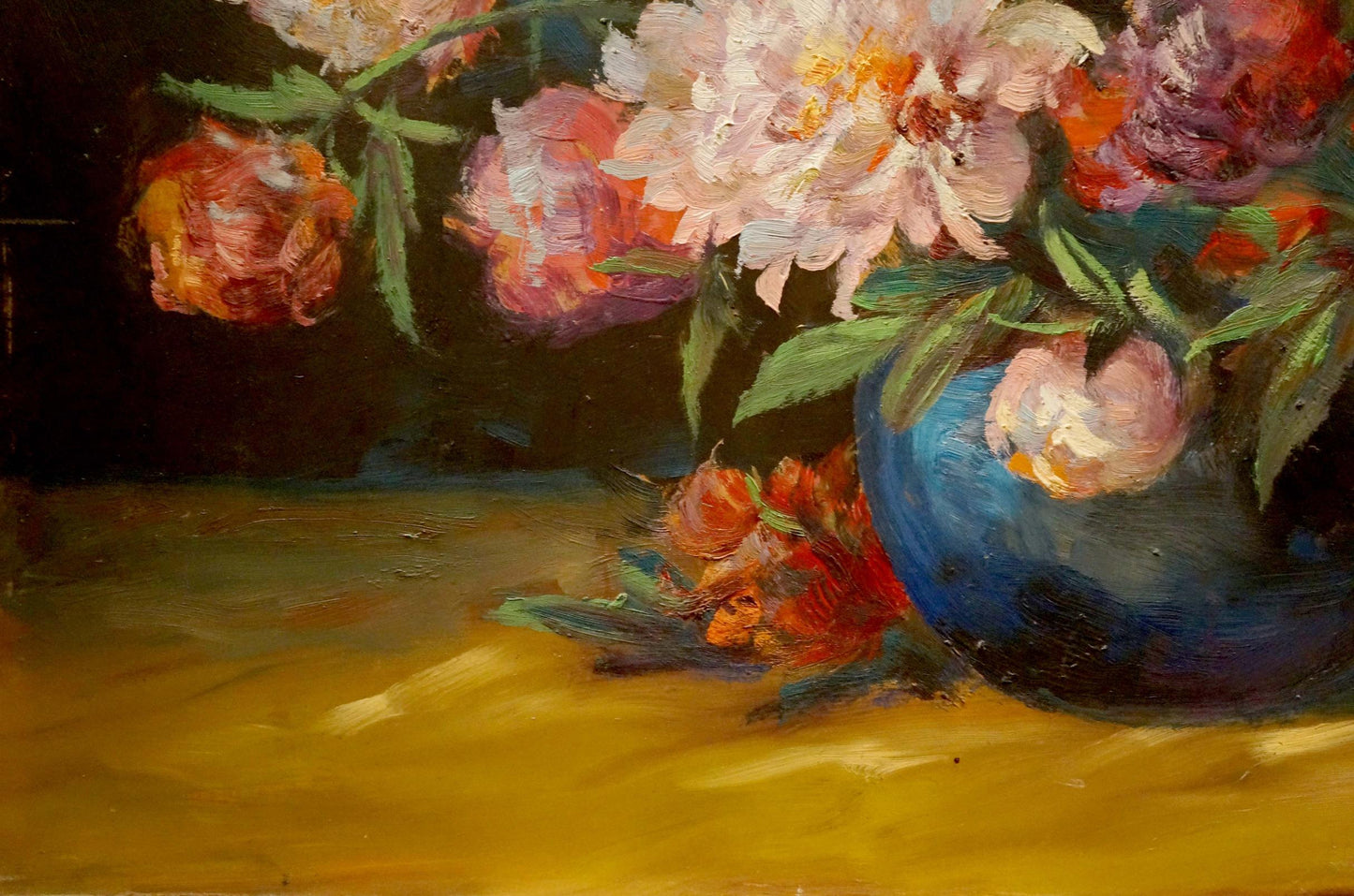 Oil painting of Charles Wittmann bouquet: blue vase with pink, orange, white peonies
