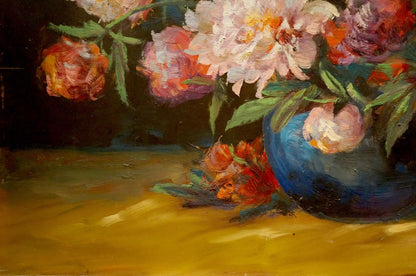 Oil painting of Charles Wittmann bouquet: blue vase with pink, orange, white peonies