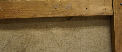 Back of wooden-framed oil painting Portrait of a grandmother with beige canvas