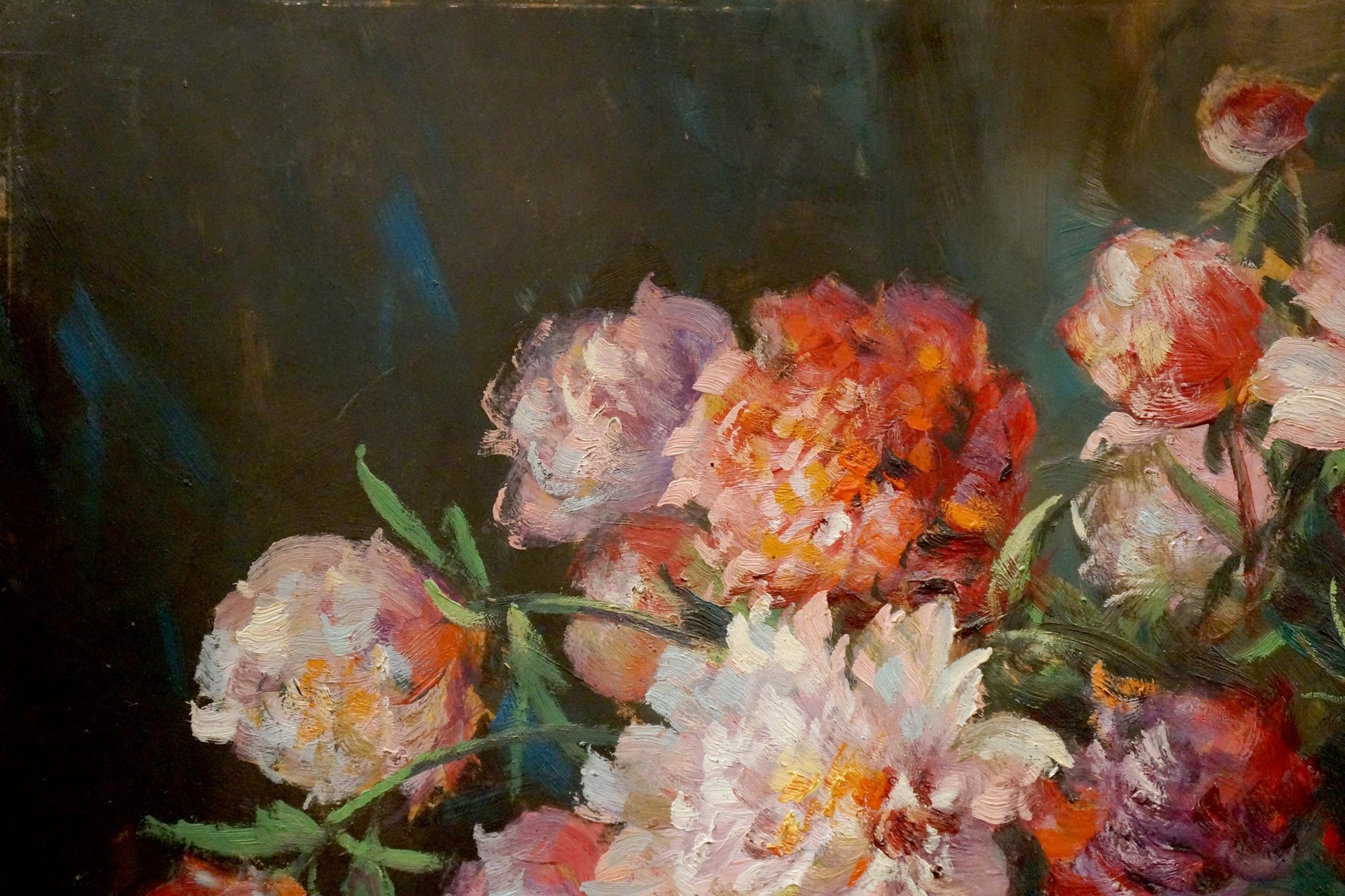 Vibrant oil painting of pink, red, white peonies bouquet by Charles Wittmann