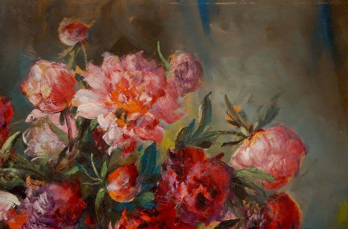 Vibrant oil painting of pink red peonies bouquet by Charles Wittmann
