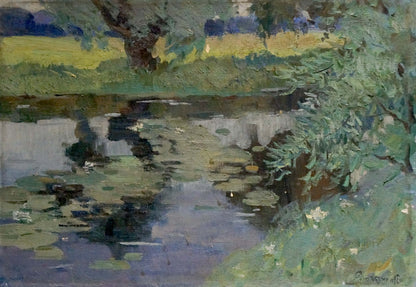 Impressionistic oil painting of tranquil pond with lily pads by Atlantov