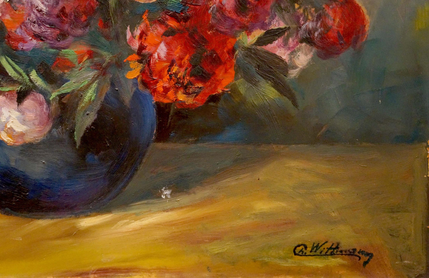 Oil painting of Charles Wittmann peonies bouquet in blue vase