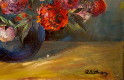Oil painting of Charles Wittmann peonies bouquet in blue vase
