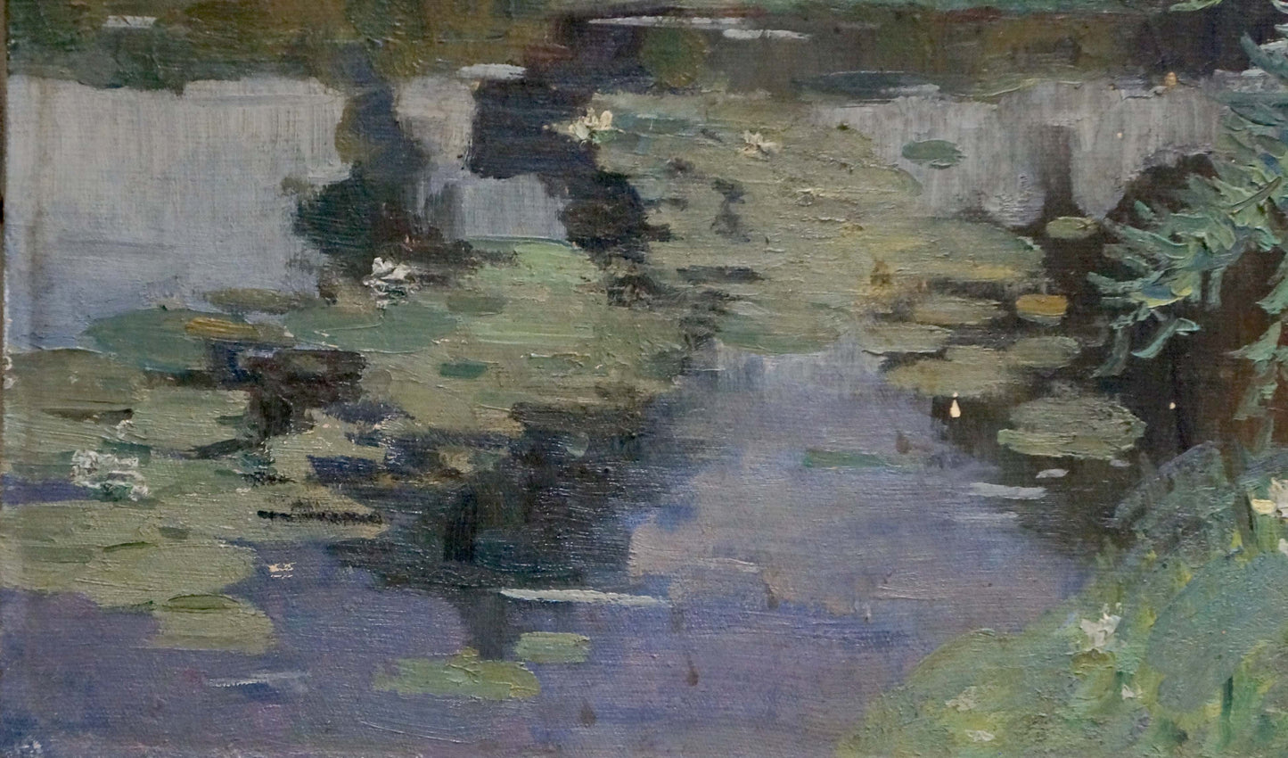 Oil painting of tranquil pond with lily pads by Atlantov Vladimir Nikolaevich