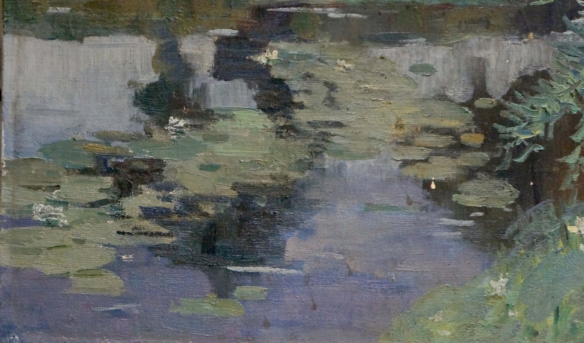 Oil painting of tranquil pond with lily pads by Atlantov Vladimir Nikolaevich