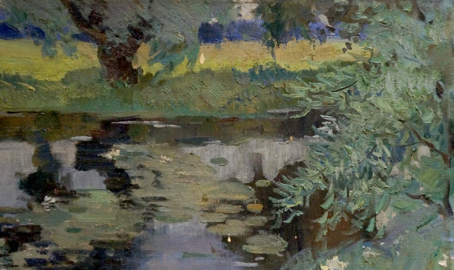 Impressionistic oil painting by Atlantov Vladimir Nikolaevich of tranquil pond with lily pads