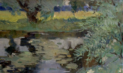 Impressionistic oil painting by Atlantov Vladimir Nikolaevich of tranquil pond with lily pads