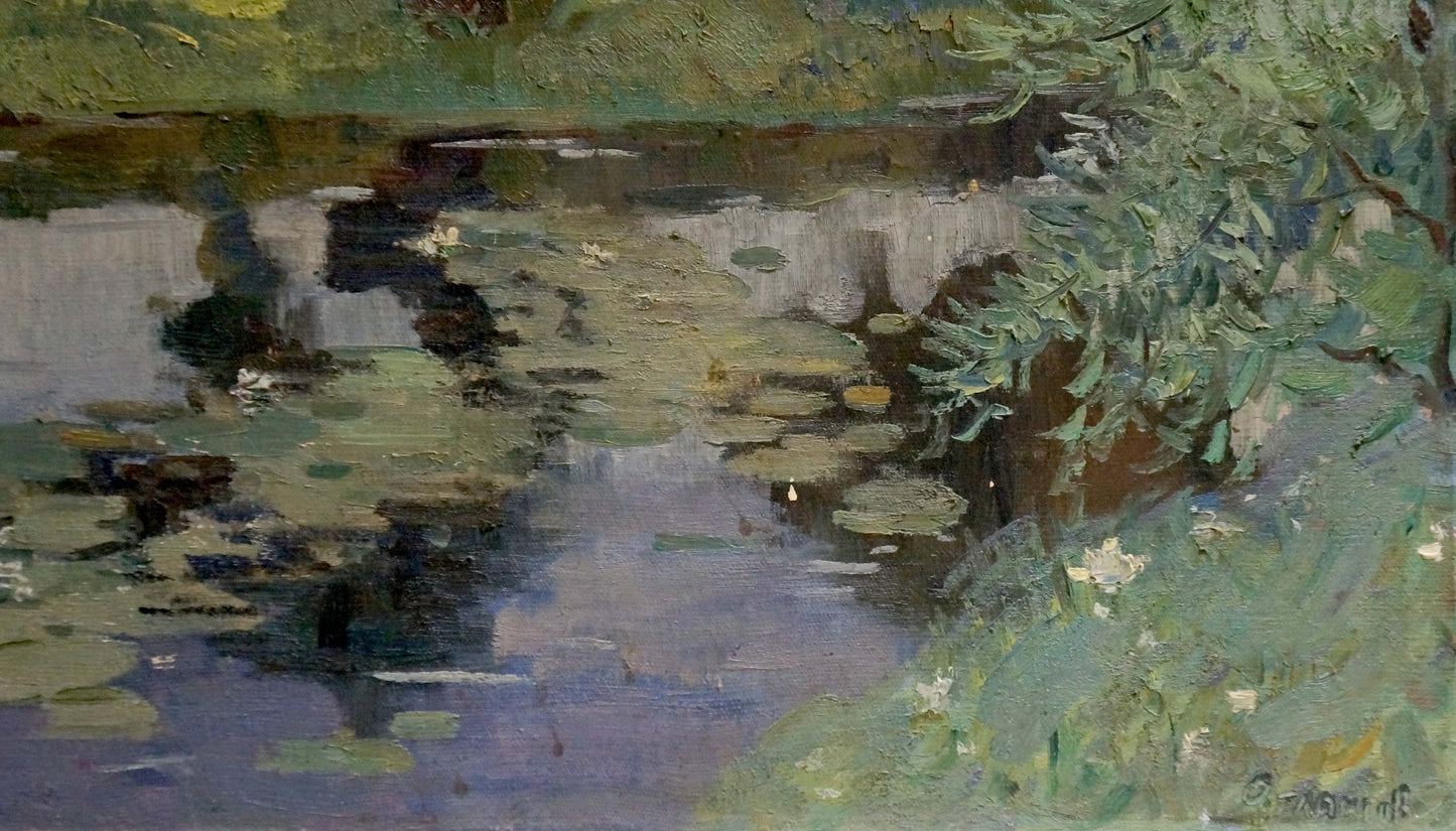 Serene impressionist oil painting of lily pond by Atlantov Vladimir Nikolaevich