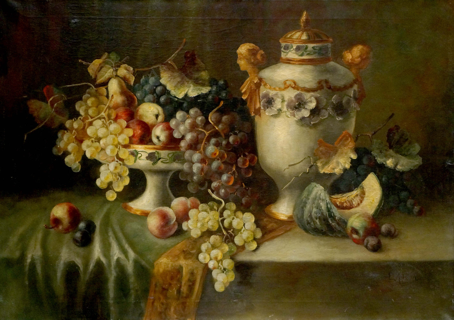 White porcelain vase with gold accents, cherub handles in Emil Adam oil painting