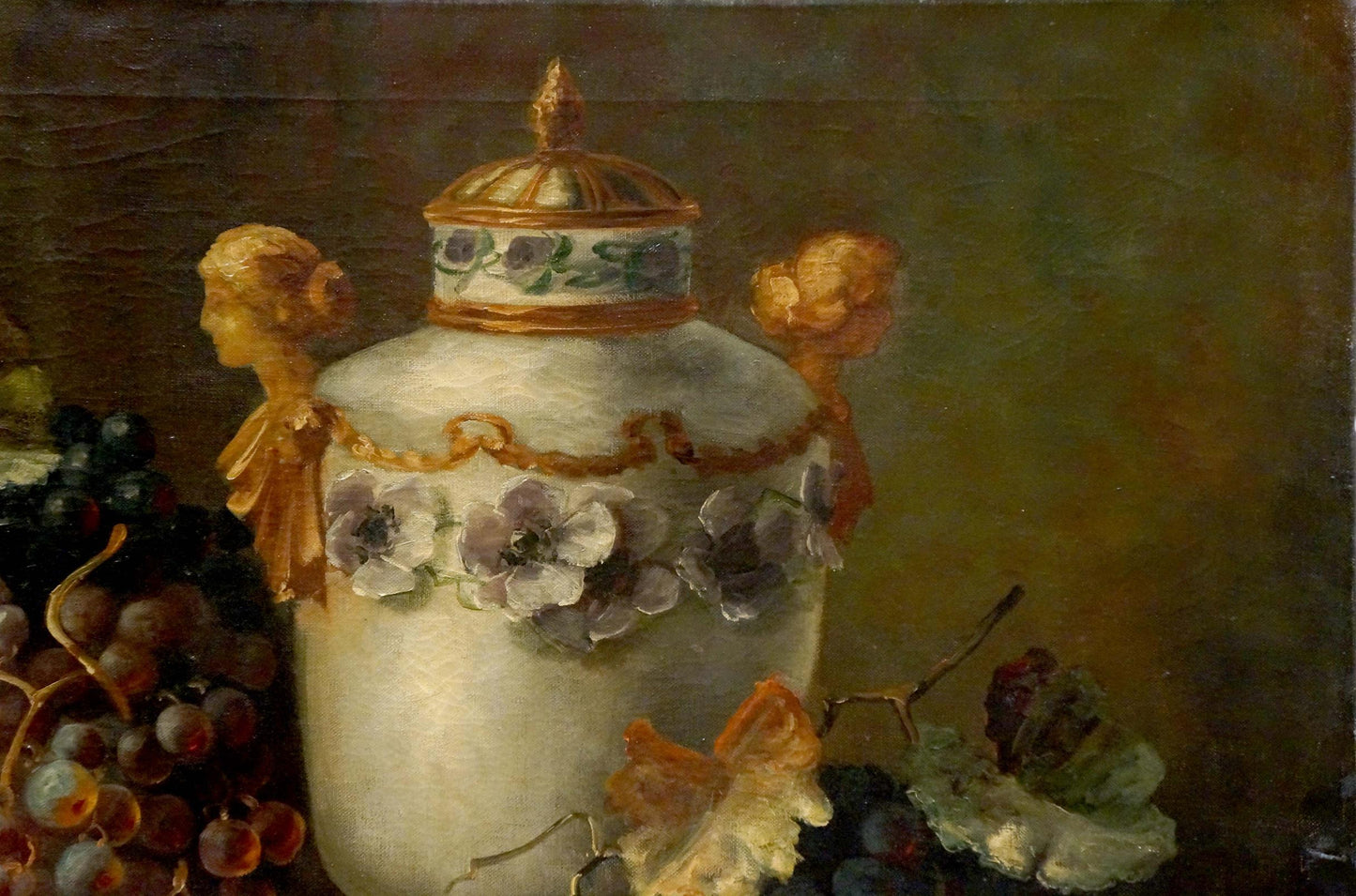 Ornate white porcelain jar with gold floral patterns in Emil Adam oil painting