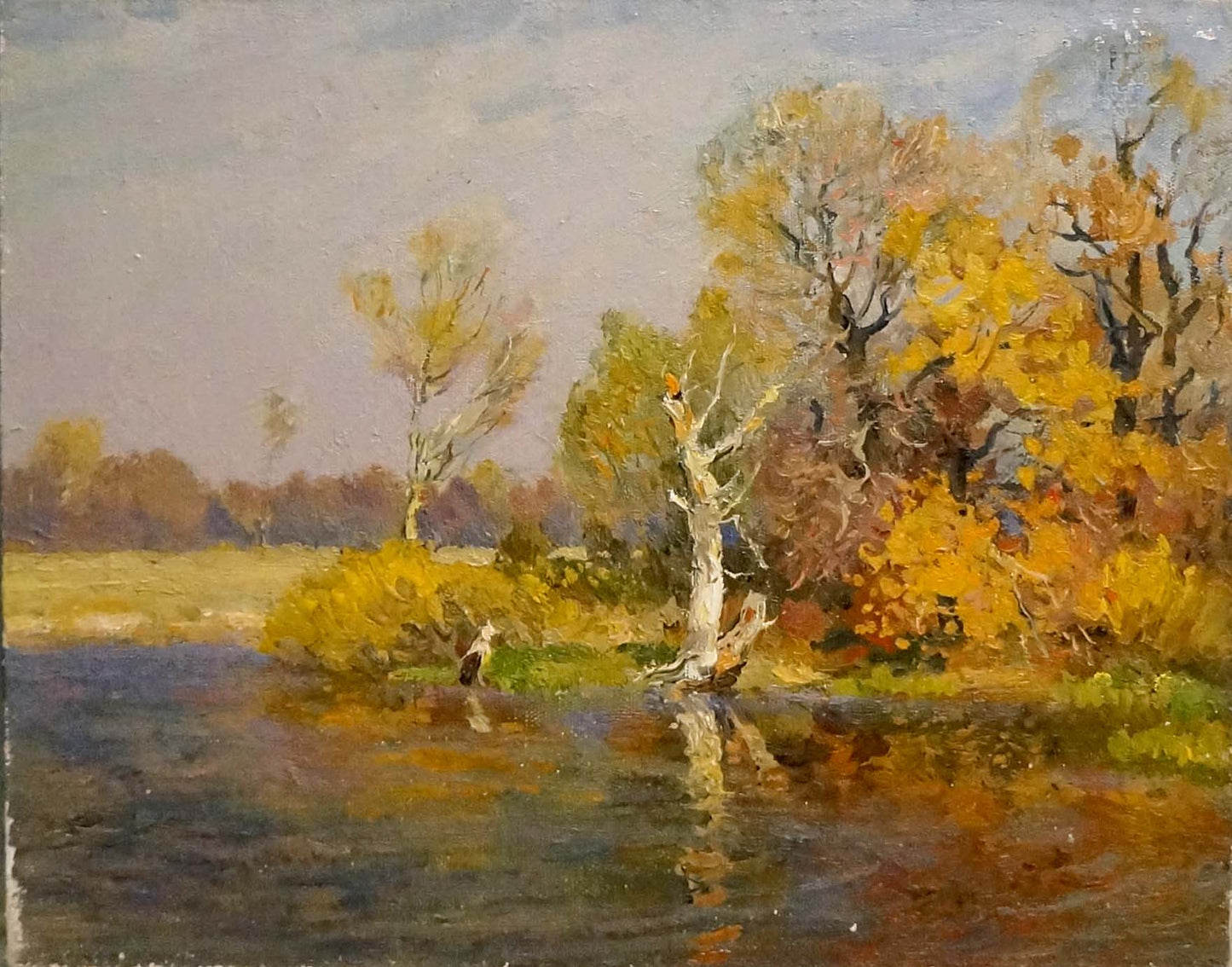 Oil painting Indian summer by Mynka Alexander Fedorovich with vibrant fall foliage reflection