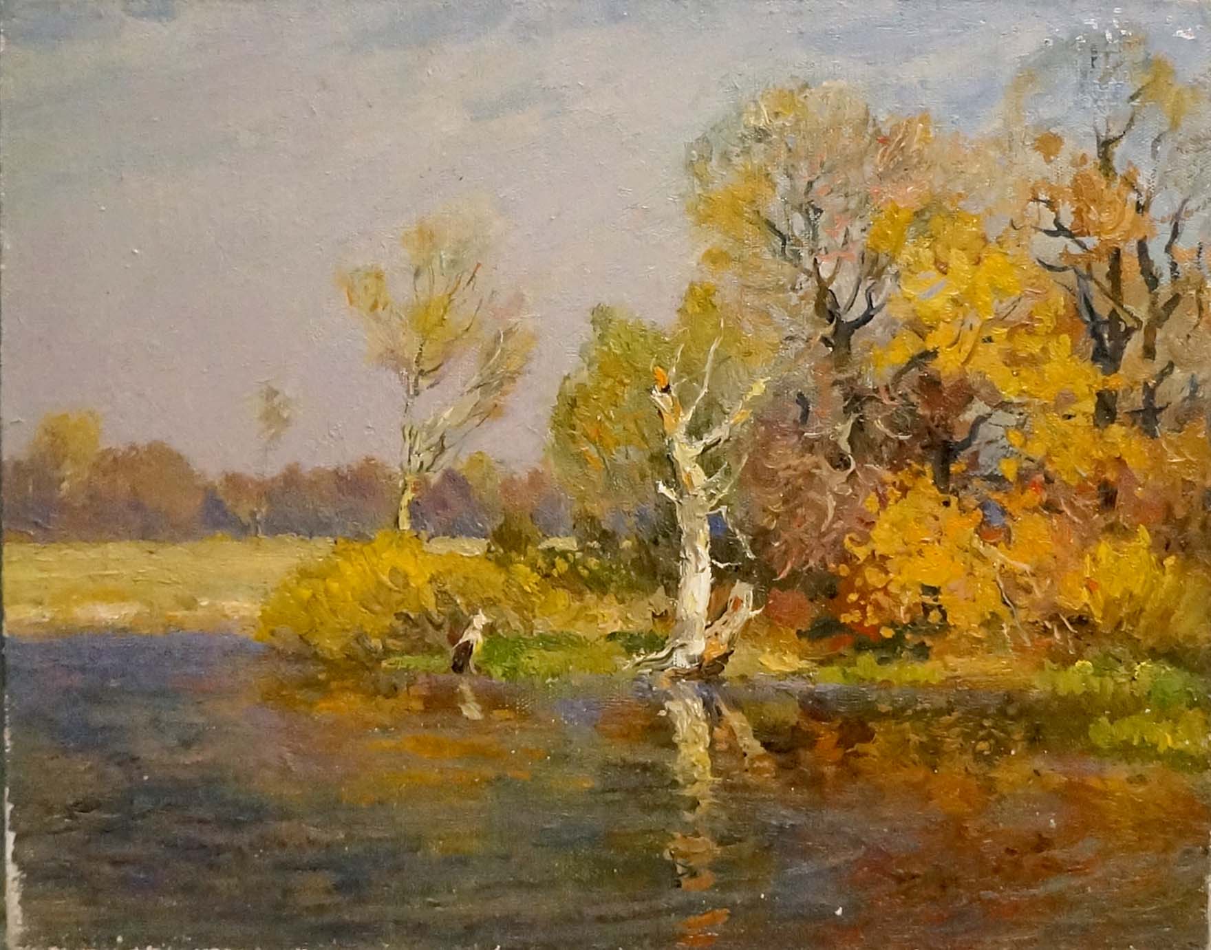 Oil painting Indian summer by Mynka Alexander Fedorovich with vibrant fall foliage reflection