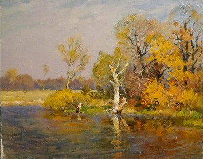 Oil painting Indian summer by Mynka Alexander Fedorovich with vibrant fall foliage reflection
