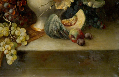Oil painting Sweets on the table by Emil Adam: white vase with grapes, melon, apple