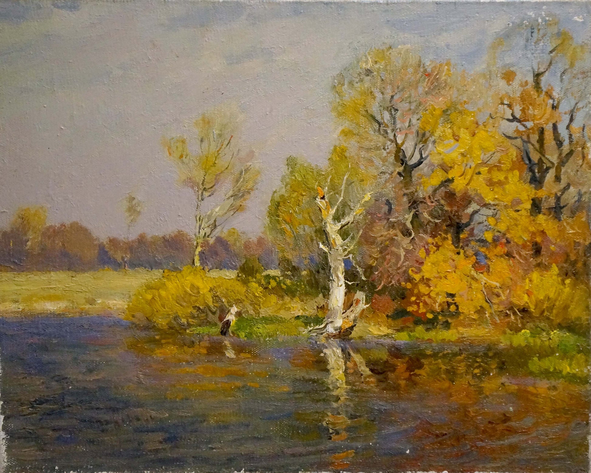 Oil painting Indian summer by Mynka Alexander Fedorovich, autumn foliage reflection
