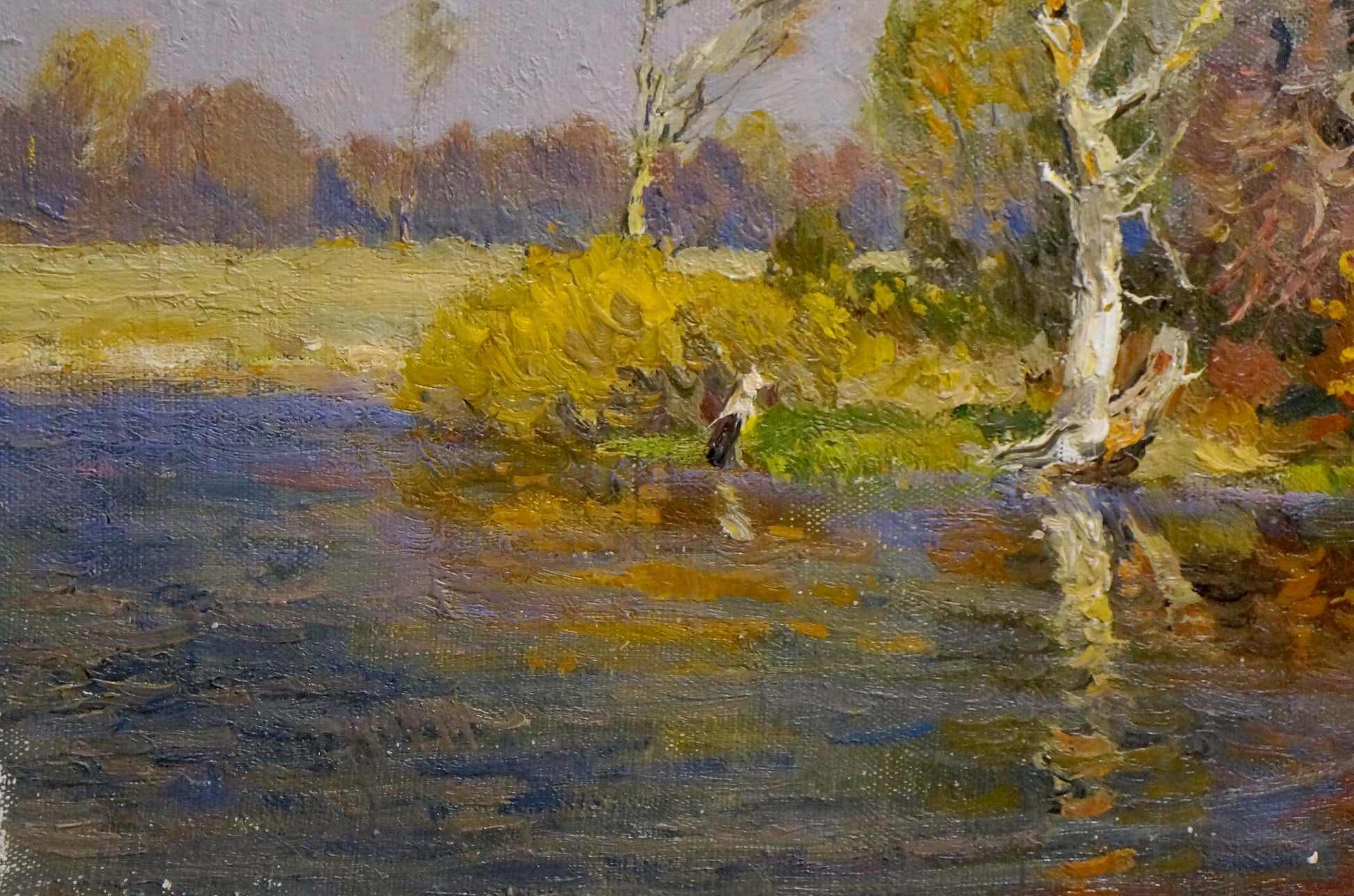 Oil painting Indian summer by Mynka Alexander Fedorovich with yellow foliage and reflections