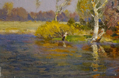 Oil painting Indian summer by Mynka Alexander Fedorovich with yellow foliage and reflections