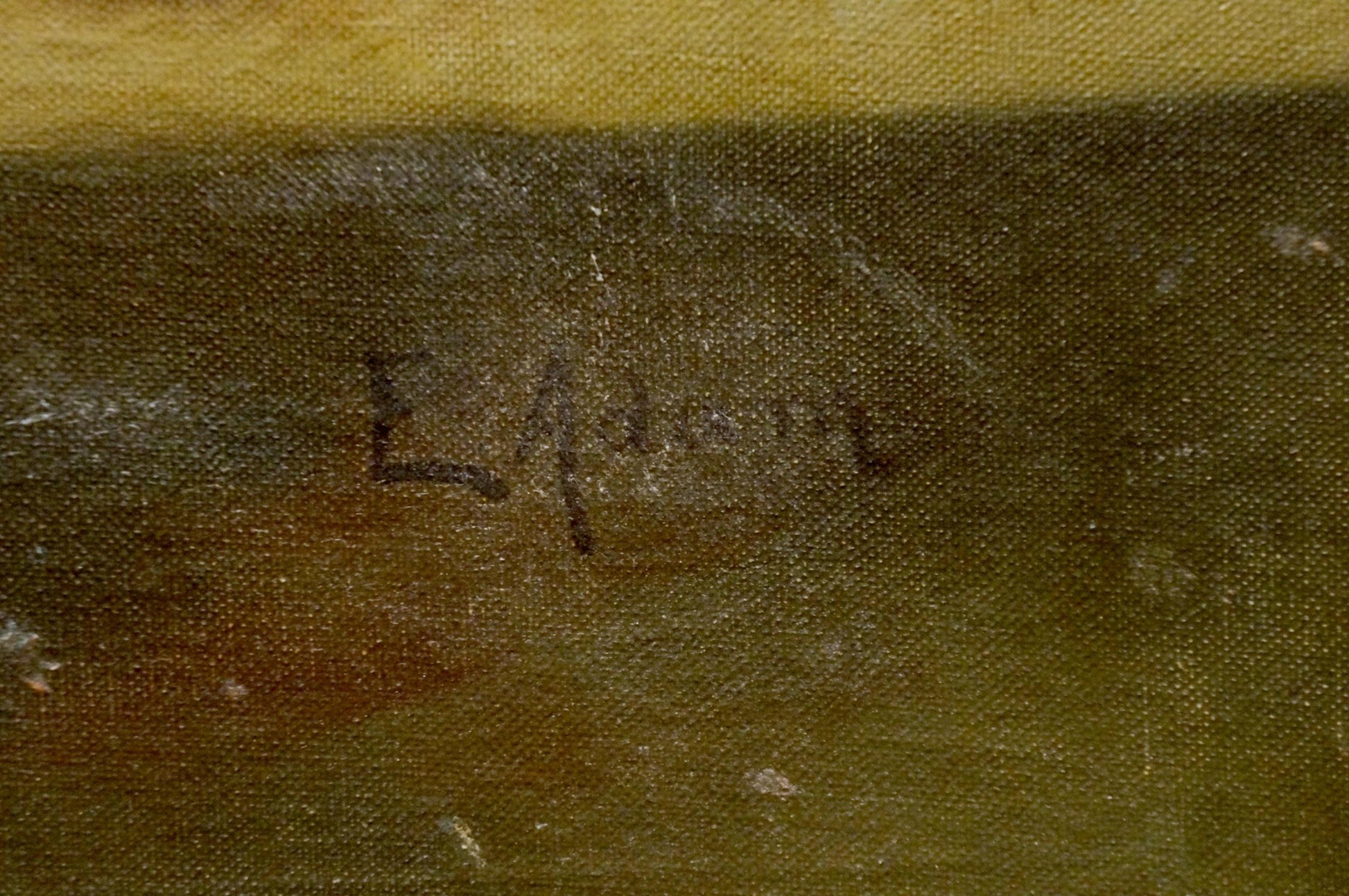 Back of Emil Adam oil painting Sweets on the table with faded black signature on textured canvas