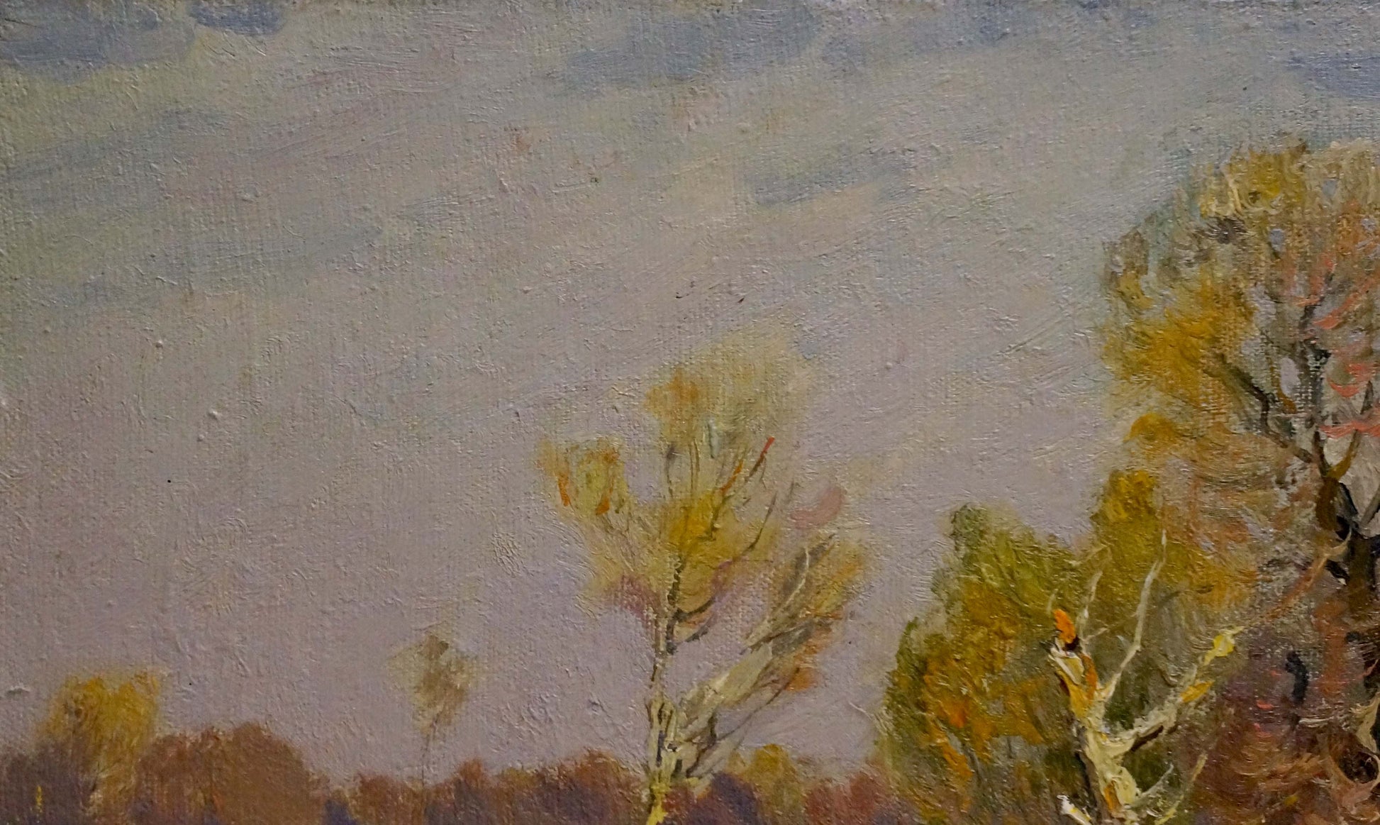 Oil painting Indian summer by Mynka Alexander Fedorovich, autumn trees golden foliage
