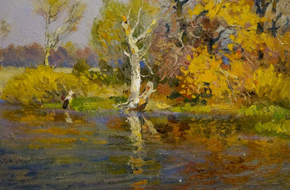 Oil painting Indian summer by Mynka Alexander Fedorovich, birch in autumn water