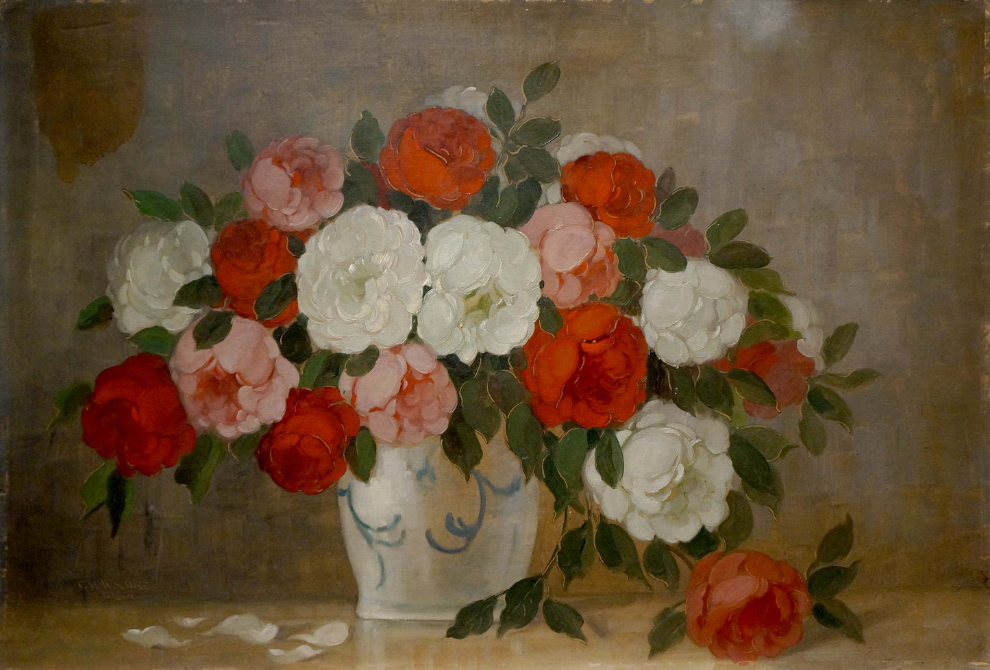 Oil painting of peonies in white vase by P. Kavschke