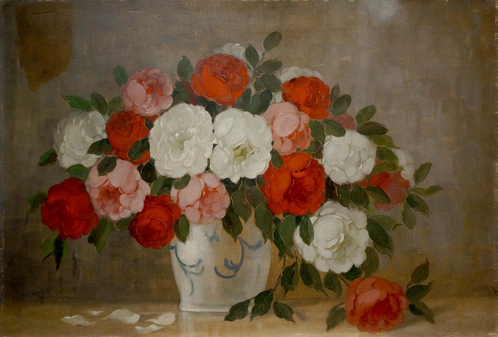 Oil painting of peonies in white vase by P. Kavschke