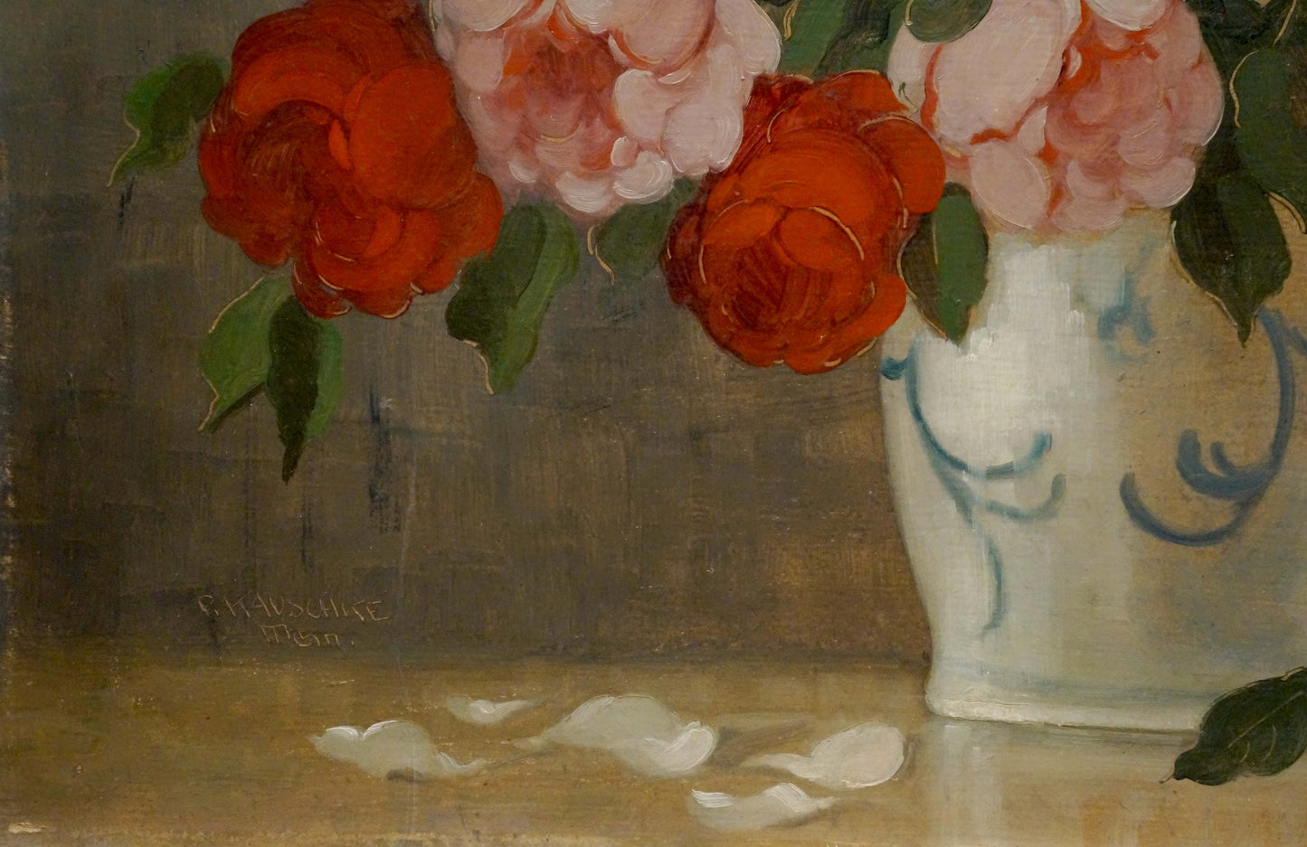 Oil painting Flowers P. Kavschke Mon: white vase with blue swirls, red pink roses
