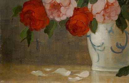 Oil painting Flowers P. Kavschke Mon: white vase with blue swirls, red pink roses