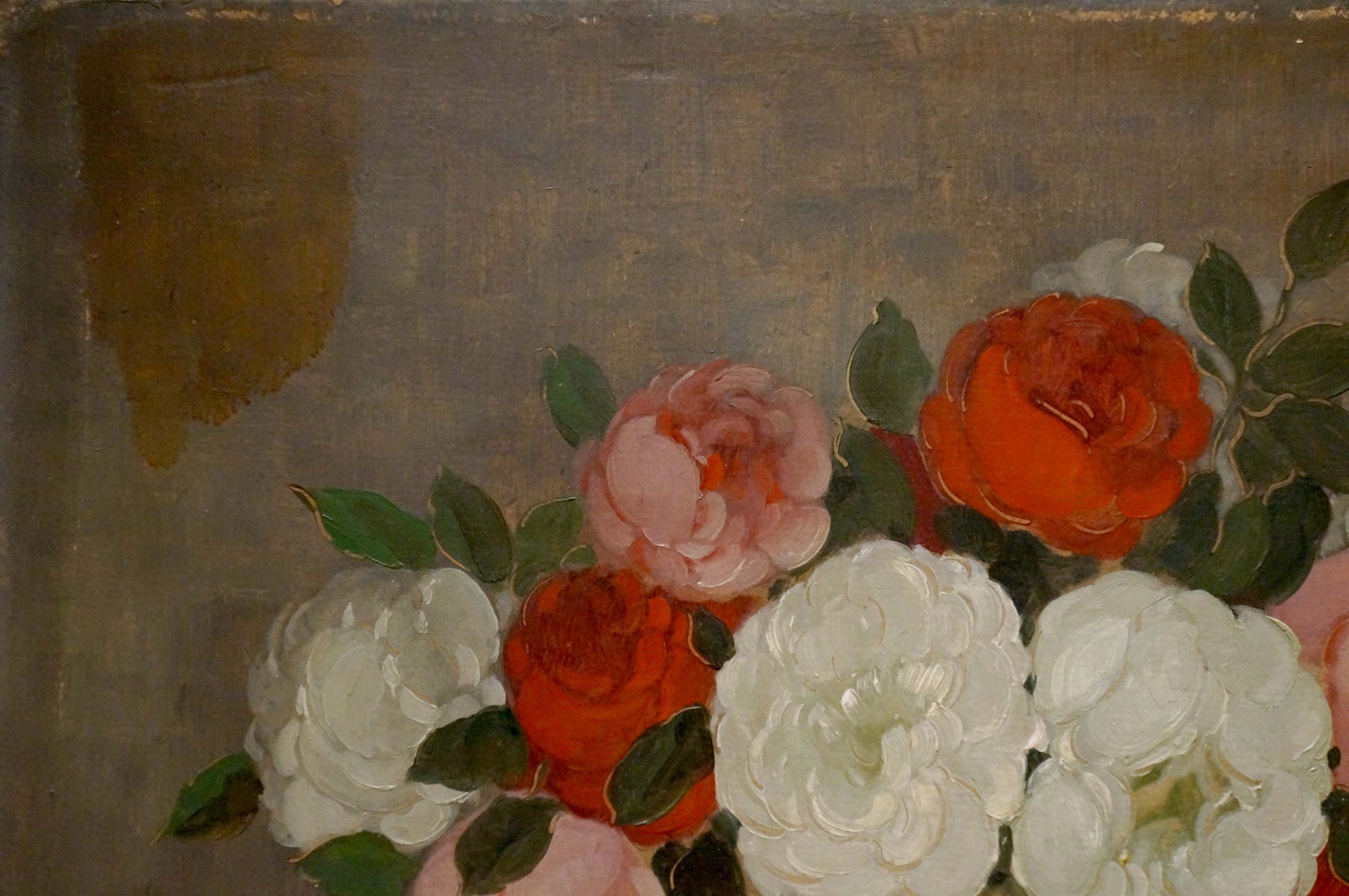 Oil painting Flowers P. Kavschke Mon: pink, orange, white roses bouquet