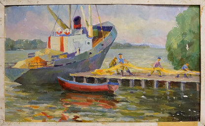 Oil painting of ship arrived: blue white boat docked at pier with net workers