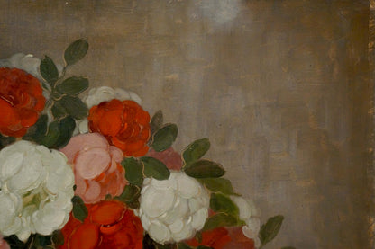 Vibrant impressionistic oil painting of red pink white roses by P. Kavschke