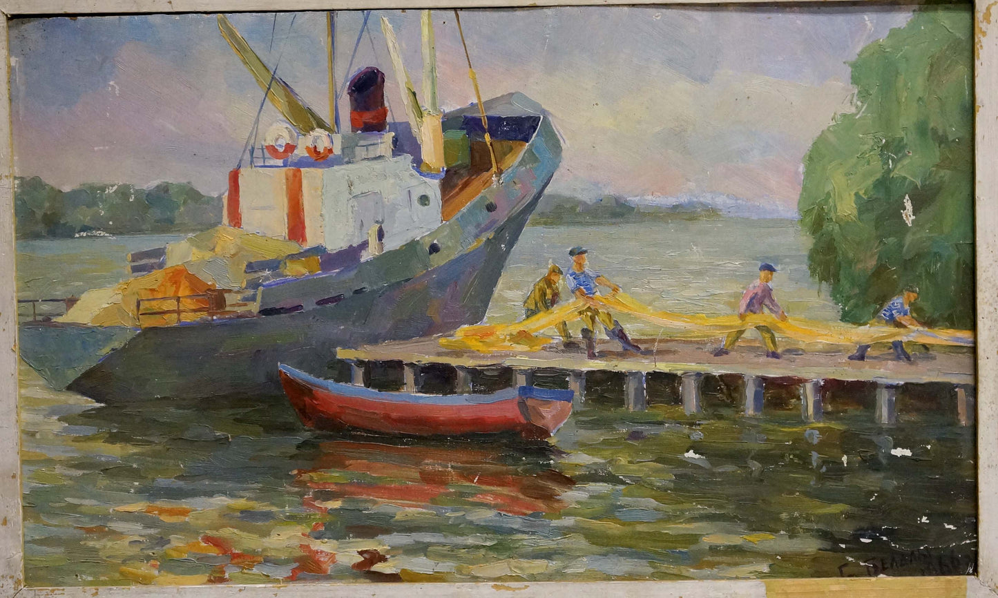 Oil painting of fishing boat with blue-white hull docked at pier, unknown artist