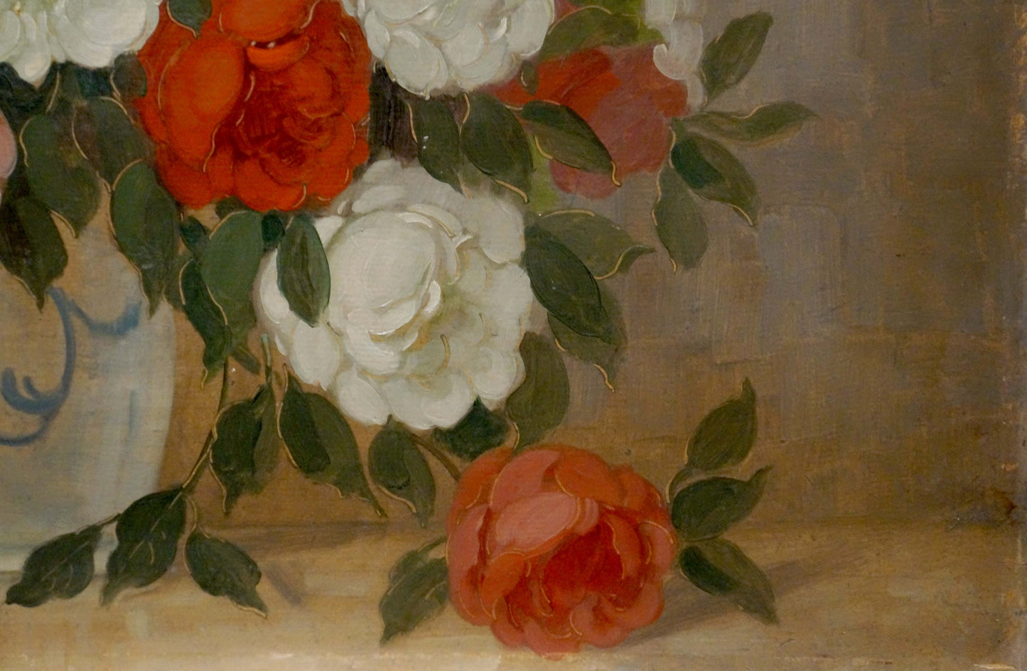 Oil painting of white and orange peony bouquet in blue vase by P. Kavschke