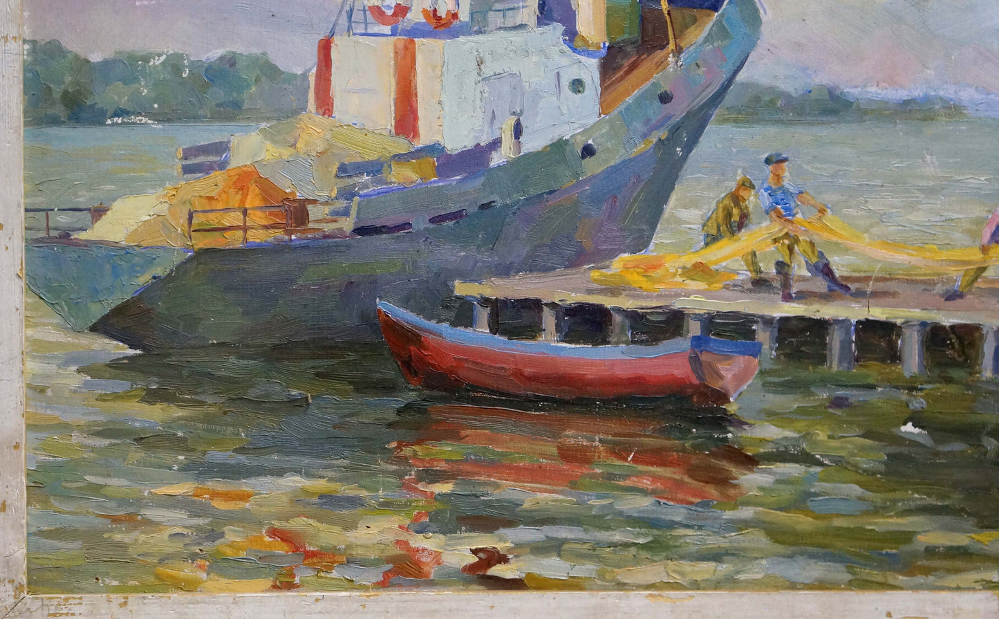 Oil painting of red and blue rowboat by dock, Ship arrived by unknown artist