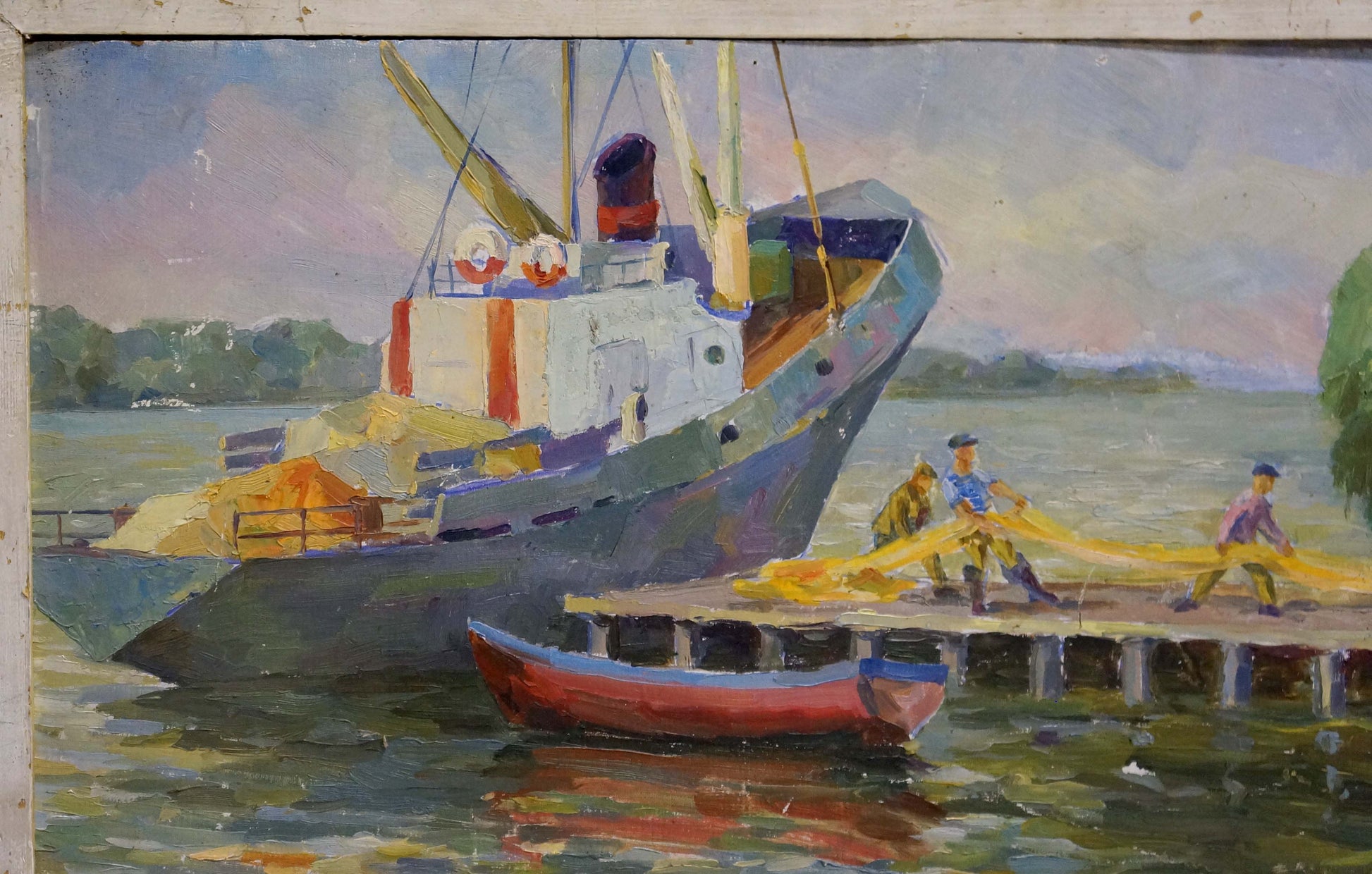 Oil painting of ship arrived by unknown artist: blue cargo ship at pier