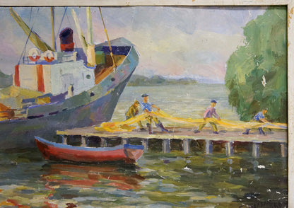 Oil painting of ship arrived: blue white boat docked at pier with yellow nets