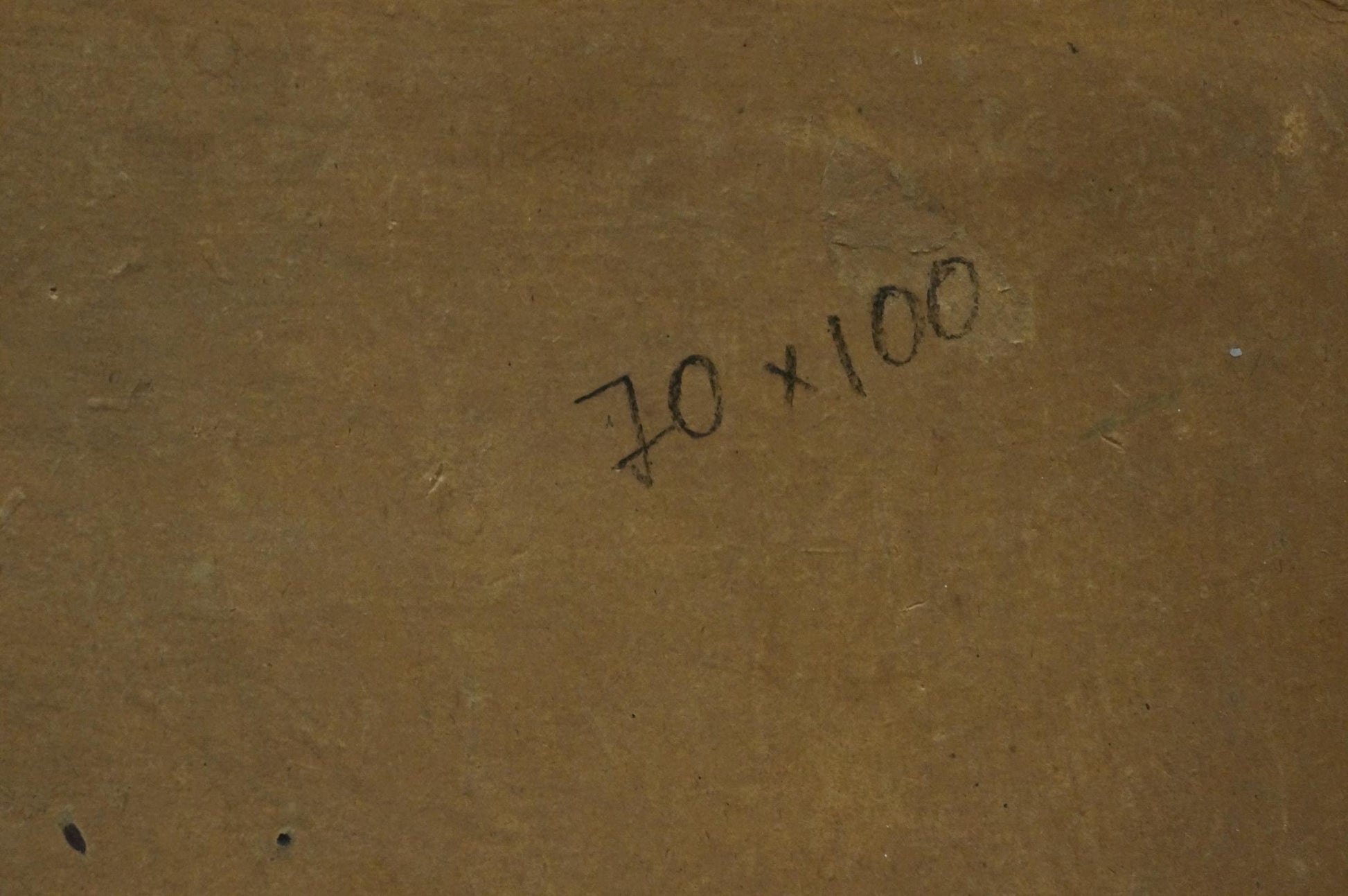 Back of Oil painting Flowers P. Kavschke Mon with 70 x 100 stamp on brown textured surface