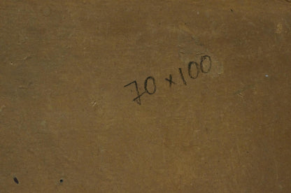 Back of Oil painting Flowers P. Kavschke Mon with 70 x 100 stamp on brown textured surface