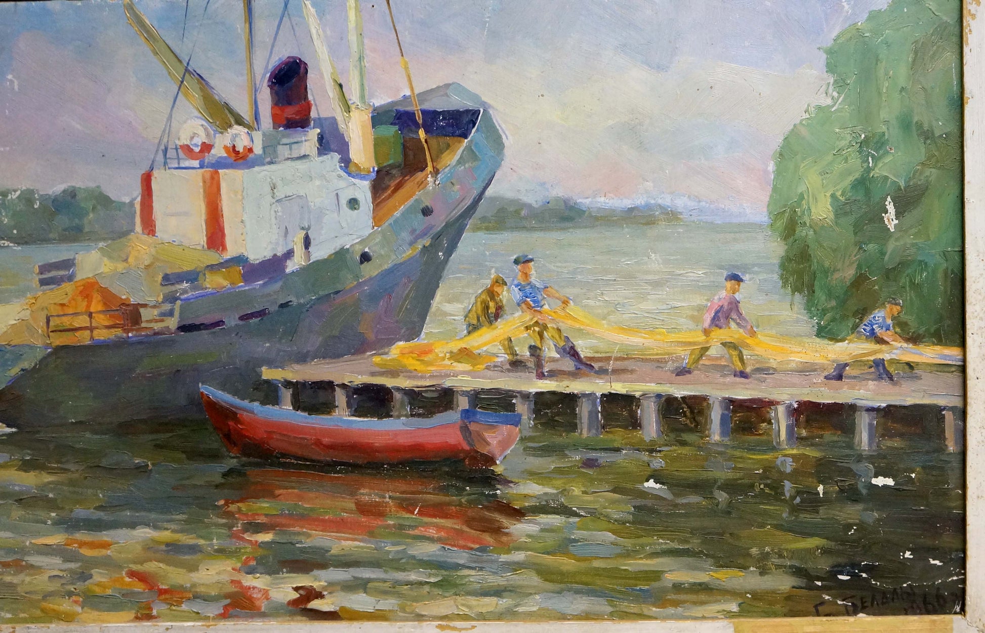 Oil painting of ship arrived: blue fishing boat docked with workers, red rowboat