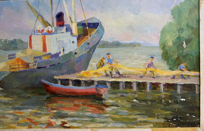Oil painting of ship arrived: blue fishing boat docked with workers, red rowboat