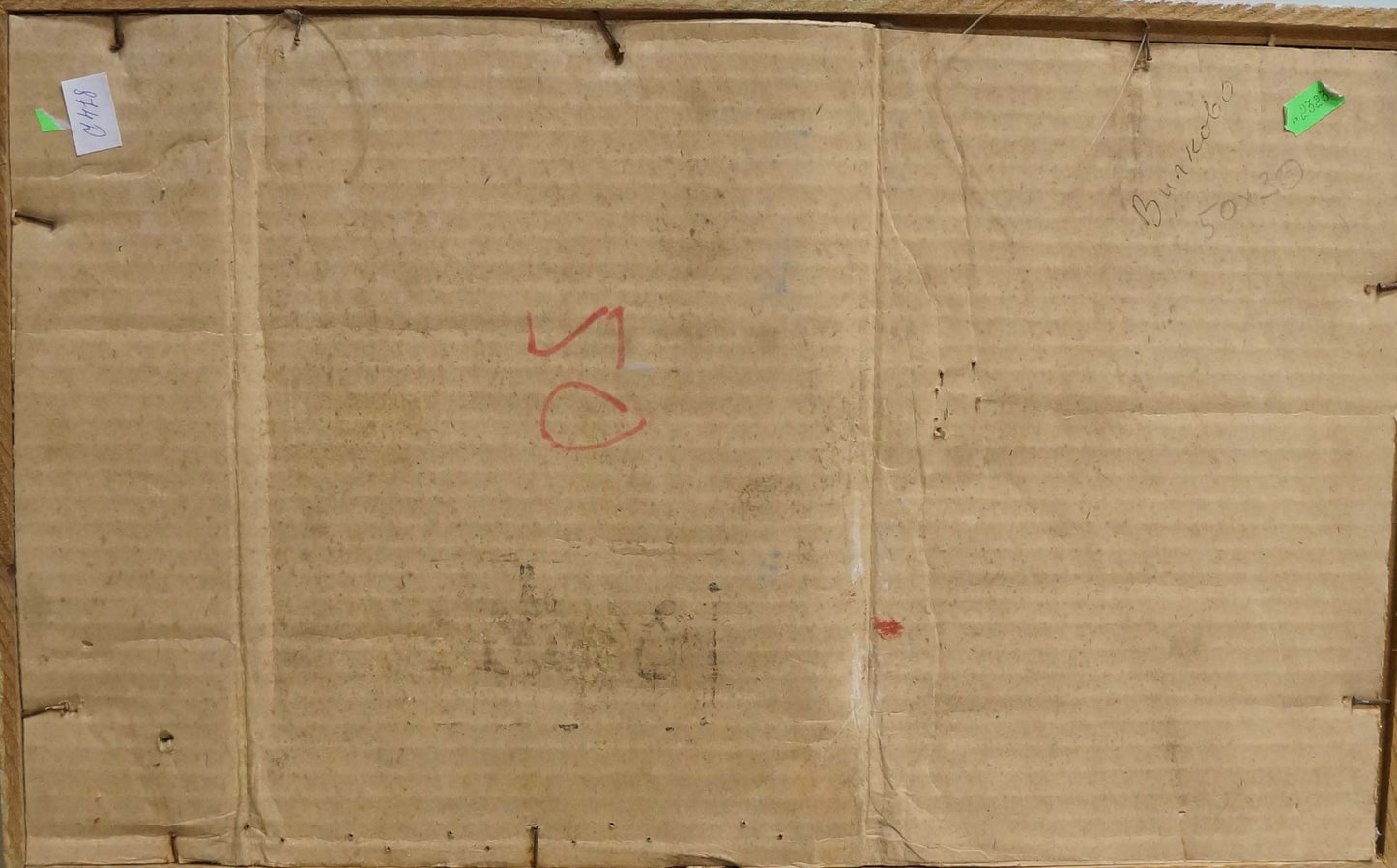 Back of oil painting Ship arrived by unknown artist with brown cardboard, handwritten markings and green sticker