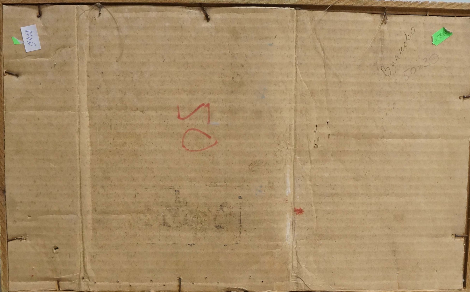 Back of oil painting Ship arrived by unknown artist with brown cardboard, handwritten markings and green sticker