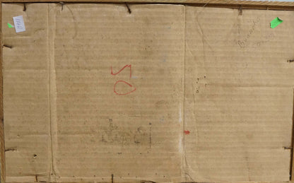 Back of oil painting Ship arrived by unknown artist with brown cardboard, handwritten markings and green sticker