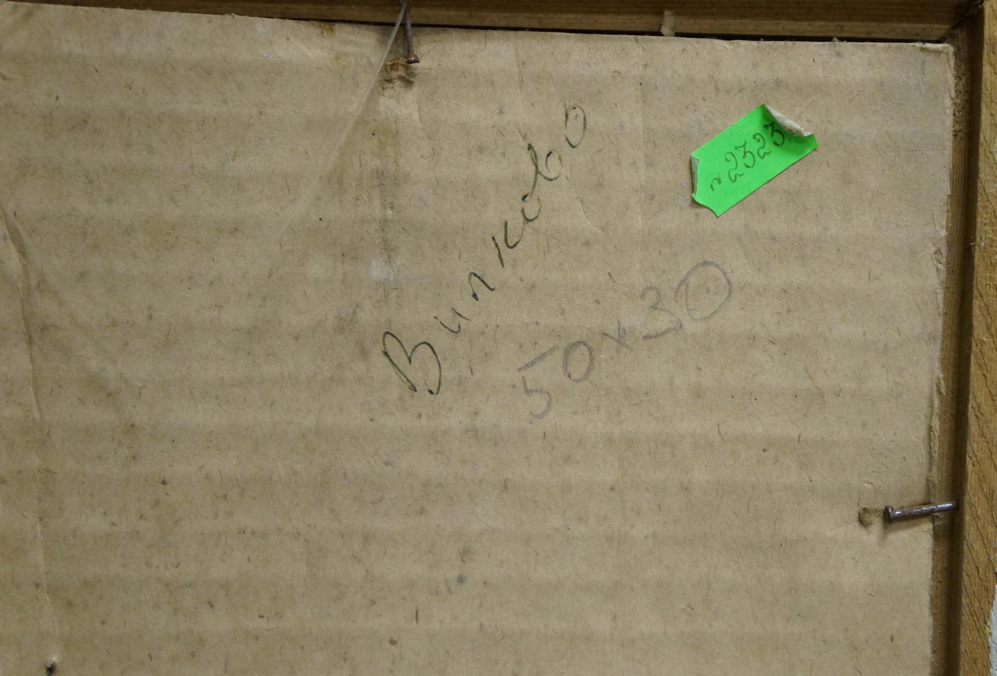 Back of oil painting Ship arrived by unknown artist: beige cardboard with bunkeko 50x30 torn green tag