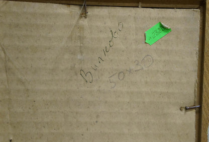 Back of oil painting Ship arrived by unknown artist: beige cardboard with bunkeko 50x30 torn green tag