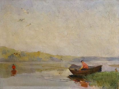 Oil painting by Atlantov Vladimir Nikolaevich: rowboat with orange-shirted fisher