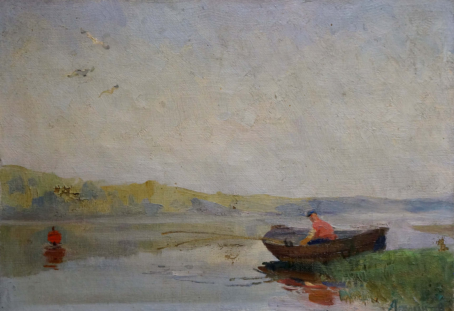 Oil painting by Atlantov Vladimir Nikolaevich: rustic rowboat on serene water