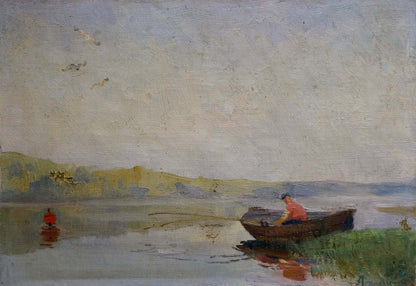 Oil painting by Atlantov Vladimir Nikolaevich: rustic rowboat on serene water